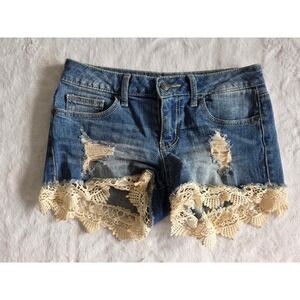 Altar State Womens Denim Shorts Crochet Lace Distressed Blue Size 25